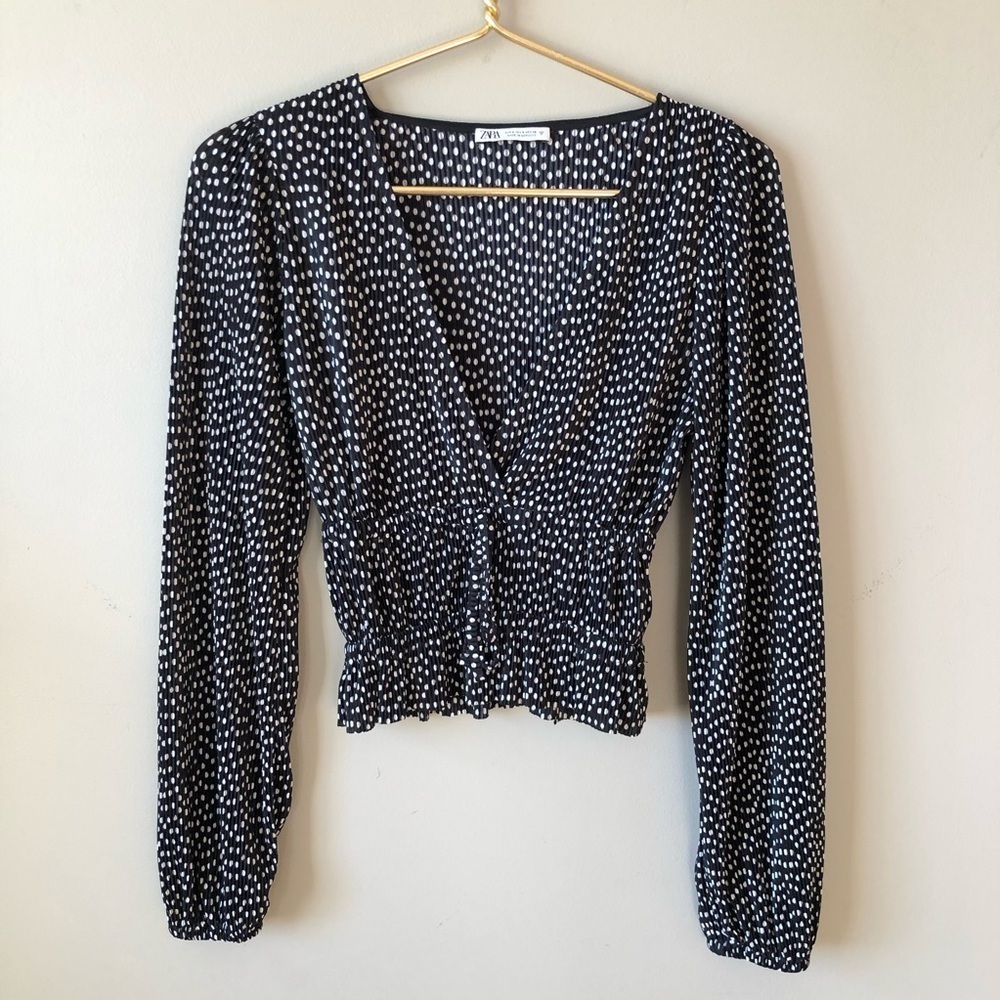 Zara Black and white polka dot romantic balloon sleeve v neck blouse S